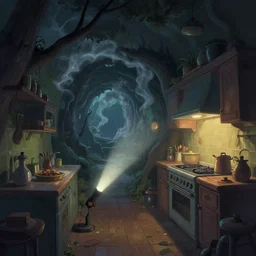 naive nerikomi, weird perspective, extra narrow, detailed illustration of a kitchen dim lit by flashlight in a scenic spiral environment by rhads, smoke cloud, from lorax movie, trending artstation, true color