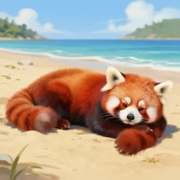 commissioned artwork of a furry anthro red panda sunbathing on the beach, painted todd lockwood, jeff easley, greg rutkowski, james gurney, artgerm, digital art, trending on artstation