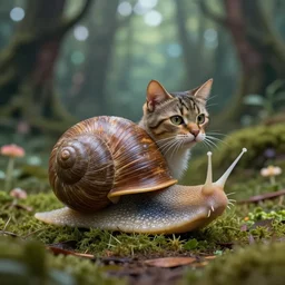 5 5 mm photo of a cat - snail hybrid, in a magical forest. dof. bokeh. by artgerm and greg rutkowsky. highly detailed 8 k. intricate. lifelike. realistic sony a 7 r iv. soft light. cinematic processing