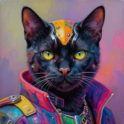 a portrait of a scifi black panther, cat, psychedelic vibrant colors, futuristic punk rock fashion, oil painting by michael whelan art, sharp focus, realistic, perfect face, detailed eyes, highly detailed, 8 k
