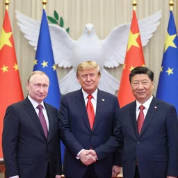 vladimir putin, trump and xi jinping holding hands, behind them a dove is seen with an olive branch