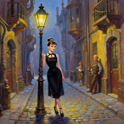 oil painting steampunk alley with cobblestone street Victorian Audrey Hepburn under a street lamp by James Gurney, Thomas Kinkade, Ralph Horsley vivid color