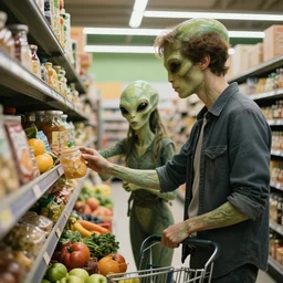 mid shot of an alien buying groceries at the store shot by amanda carlson and alex strelkovv, professional photo, masterpiece, very detailed, hyper - realistic, cinematic, 4 k