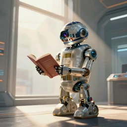digital painting of a droid robot reading a book, concept art, by Ralph mcquarrie, sunlight pouring through window, large scale, high detail, futuristic, godrays, volumetric lighting, warm lighting