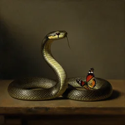 snake hunting butterfly still - life, otto marseus van schrieck still life, dutch golden age painting, dramatic lighting, cinematic lighting, willem van aelst still life, oil on canvas
