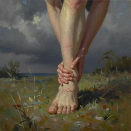 Soul leaving body after stubbing toe, throbbing, hurt, ouch ouch!, oil painting, surreal