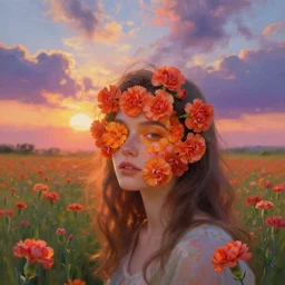 face of carnations flower, girl in a flower field, surreal photography, sunrise dramatic light, impressionist painting, colorful clouds, digital painting, artstation, simon stalenhag, flower face