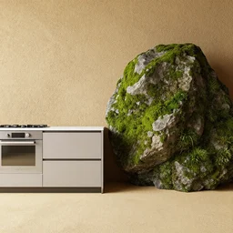 kitchen, contrast moss and rock, octane render, trending on artstation, very rough sand on wall, flooring made of hard sand