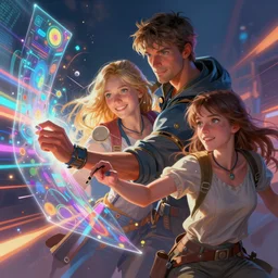 illustration of anna mill and max loeffler and liliia sitailo, artist paint in air colorful elements of bright sci - fi hologram elements, dramatic, sharp focus, depth of field, highly detailed, artstation, digital art, volumetric light, dynamic, expression