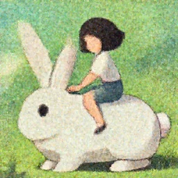 a girl riding a giant rabbit. the girl has short hair and black eyes. digital art. in the style of miyazaki. 4 k. trending on artstation.