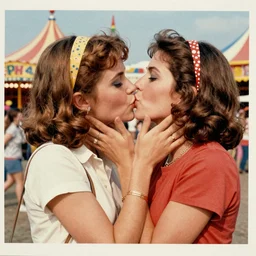 two women kissing at a carnival, mixed media collage from 7 0 s, retro, lowfi, magazine collage