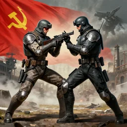 solid snake fighting metal gear, soviet progaganda style