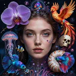 beautiful female close-up portrait. orchid jellyfish, deep angler fish, phoenix head, nautilus, skull, betta fish, bioluminiscent creatures, intricate artwork by Tooth Wu and wlop and beeple. octane render, trending on artstation, greg rutkowski, xsullo, very coherent symmetrical artwork. cinematic, hyper realism, high detail, octane render, 8k