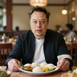 a portrait of elon musk sitting at the dining table with a plate containing idli and sambar in front of him, highly detailed, trending on artstation, bokeh, 9 0 mm, f / 1. 4