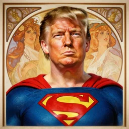 donald trump as superman, detailed portrait, realism, 4 k, art by greg rutkowski, alphonse mucha, artistic, trending on artstation, beautiful mural