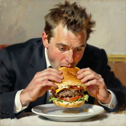 guy fieri devouring burger, painting by jc leyendecker!! phil hale!, angular, brush strokes, painterly, vintage, crisp