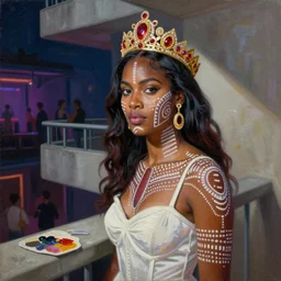 palette knife oil painting portrait of sade, a queen - with gold tiara with rubies and diamonds, woman in white dress and australian aboriginal body paint, concrete balcony, nightclub, artstation trending, artgerm, any racial background, deviant art, hipster, octane, substance, art history 8 k