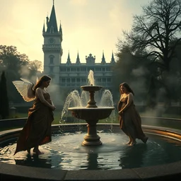 trio nymphs circling a fountain, clothed, castle on the background, beautiful atmosphere, smoke, cinematic, kodak