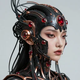 baroque futuristic, shaman head shot portrait by iris van herpen, black, ruby, copper, biomechanical details, epic bionic cyborg implants, masterpiece, intricate, biopunk, vogue, highly detailed, artstation, concept art. a lot of cables and wires around, ayami kojima, karol bak, rutkowski, takato yamamoto, subjekt zero. 8 k ultra