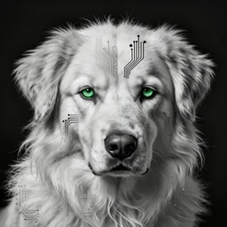 dog as a god with flow hair and green eyes, very detailed face, black and white, detailed features, fantasy, circuitry, explosion, dramatic, intricate, elegant, highly detailed, digital painting, artstation, concept art, smooth, sharp focus, illustration, art by gustave dore, octane render