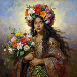 portrait oil painting, a beautiful young dark woman, vibrant, floral headdress, flowers, holding a bouquet of flowers, long flowing hair, ornate robe, ultra realistic, wide angle, intricate details, artifacts, luminous skies, highly detailed, michael cheval, peter mohrbacher, boris vallejo, jessica rossier, oil painting, highly detailed, cinematic lighting