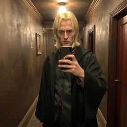 Voldemort taking a selfie in the backrooms hallway, liminal spaces hallway, realistic selfie photo selfie,