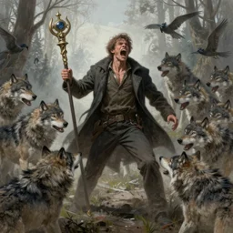 a screaming man holding a quartestaff. surrounded and being atacked by by a pack of wolves. intricate, elegant, highly detailed, digital painting, artstation, concept art, sharp focus, illustration, by justin gerard and artgerm, 8 k