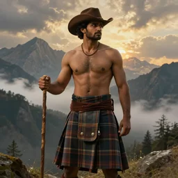 a dramatic epic beautiful painting of a handsome shirtless desi man in the mountains | he is wearing a plaid kilt and cowboy hat, and holding a walking stick | background is mountains! and clouds | dramatic lighting, golden hour, homoerotic | trending on artstation