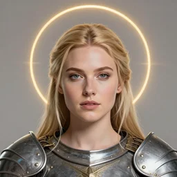 masterpiece head-on symmetrical centered portrait, Elisha Cuthbert as a paladin, blonde hair, prismatic golden halo around her head, ornate iron armour, elegant, distant, in the style of Edgar Maxence and Ross Tran and Zdzisław Beksiński and Michael Whelan and Mucha and Gustave Doré, specular highlights, 8k, octane render