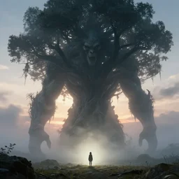 a beautiful terrifying tree monster looms over a tiny human. epic dawn, ethereal fantasy art by greg rutkowski