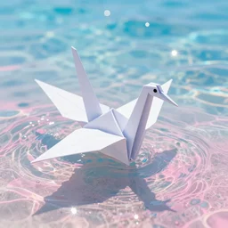 a beautiful picture drawn by artem chebokha shows a lovely white paper crane floating on the blue and pink beautiful sea of maldives. the sea is translucent and sparkling. bright, creative, picturesque, trending on artstation