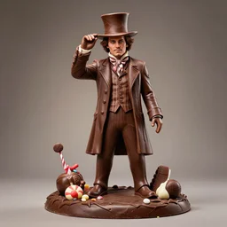 chocolate! sculpture of johnny depp as willy wonka, chocolate art, candy decorations, fully chocolate, studio lighting