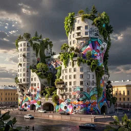 3d render of biophilic design in bauhaus city of Saint Petersburg covered in multi-colored graffiti