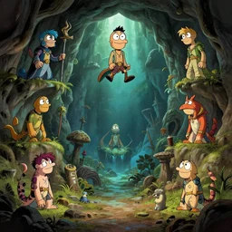 photo cartoon illustration comics manga painting of caveenvironement : 6 fantasy environement, digital painting, unreal engine, 8 k, volumetric lighting, contrast by john kirby by carl warner and jim woodring, trending on artstation