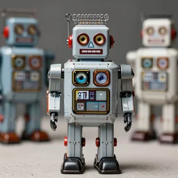closeup portrait of tin toy retro robot builing a human, depth of field, zeiss lens, detailed, centered, fashion photoshoot, by nicoletta ceccoli, mark ryden, lostfish, breathtaking, 8 k resolution, extremely detailed, beautiful, establishing shot, artistic, hyperrealistic, octane render