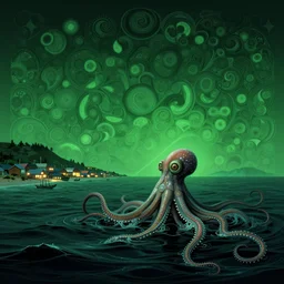 a tentacled creature emerging from the ocean near a fishing village in large landscape, night colors, high - key lighting, beautiful composition, intricate, gradient from green to black, pro photography by, highly detailed, digital painting, art by artgerm and greg rutkowski and alphonse mucha, smooth, sharp focus illustration