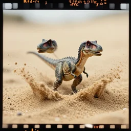 kodak portra 4 0 0, 5 0 mm leica summicron f 1. 2, action photography, long shot, dirty lenses, award winning macro photo of a tiny dinosaur in the middle of a strong emergence from below the sand, sand splash, fast shutter speed, motion blur, tiny gaussian blur, highly detailed, highly intricate, depth of field, national geographic, 4 k