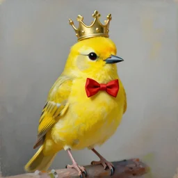 an elegant yellow bird wearing a crown and a red bow tie in the style of pablo picasso, very very beautiful, impressionism, high quality, detailed, 4k