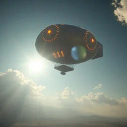 very detailed, beautiful a zeppelin solarpunk, in the sky sunshine, octane 8 k photorealistic de - noise, 8 k, high quality volumetric lighting scattered mist glow 3 d, nikon d 1 8 0 boken