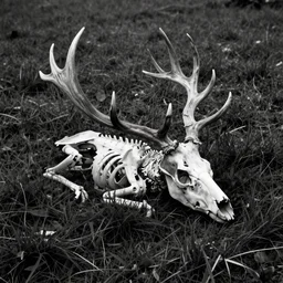 a deer skeleton lying in an empty field, film photograph, drawing, highly detailed, dark, high contrast, 8 k