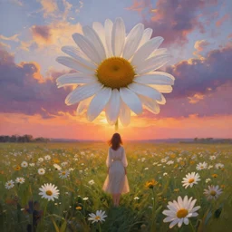 giant daisy flowers as head, full body girl standing in a flower field, surreal photography, sunrise, dramatic light, impressionist painting, colorful clouds, digital painting, artstation, simon stalenhag