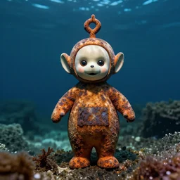 rusted barnacle covered teletubby at the bottom of the ocean