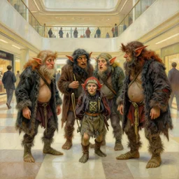a painting of goblins in a mall by arthur rackham and Tony DiTerlizzi, trending on artstation, detailed