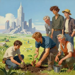 a mixed media colseup portrait painting of a gardener planting a seedling, minimalist, a ruined futuristic city sits in the distance, by frank frazetta, greg rutkowski, beeple, yoko taro, christian macnevin, beeple, wlop and krenz cushart, epic fantasy character art, volumetric outdoor lighting, high fantasy, cgsociety, cheerful colours, full length, exquisite detail, post - processing, masterpiece, cinematic