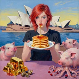 tall emo female artist holding pancakes, in chippendale sydney, gold bars, maple syrup, snails, berries, pigs, octopus, acrylic on canvas, surrealist, by magritte and monet