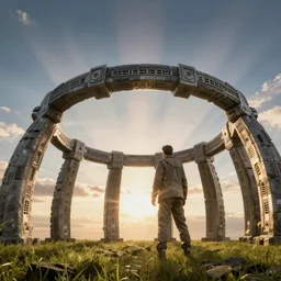 stargate made of stone that form a circle, cinematic view, epic sky, detailed, concept art, low angle, high detail, warm lighting, volumetric, godrays, vivid, beautiful, trending on artstation, huge scene, grass, art greg rutkowski