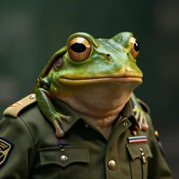 an anthropomorphic frog wearing a military uniform, extremely detailed, detailed face, professional lighting, cinematic lighting, cinematic angles
