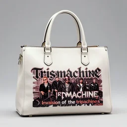 photo of a luxury handbag, band merchandise, bandname is tripmachine, tourname is invasion of the tripmachines, realistic digital art, hanbag is textured with a 3 d render of a huge futuristic steampunk generator, 8 k, fluorescent colors, halluzinogenic, multicolored, exaggerated detailed, unreal engine