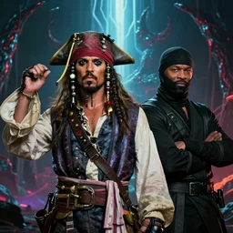 chris rock dressed as a pirate and will smith dressed as a ninja, by dan mumford and ross tran, cosmic, terrifying, demon rays, intricate detail, cinematic, 8 k, cel shaded, unreal engine, featured on artstation, pixiv