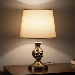 a lamp with a skull lampshade on a table. medium shot. photorealistic product photo.